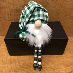 Green Checked Gnome Farmhouse Style Christmas Xmas Twine Wood Beaded Legs Gift